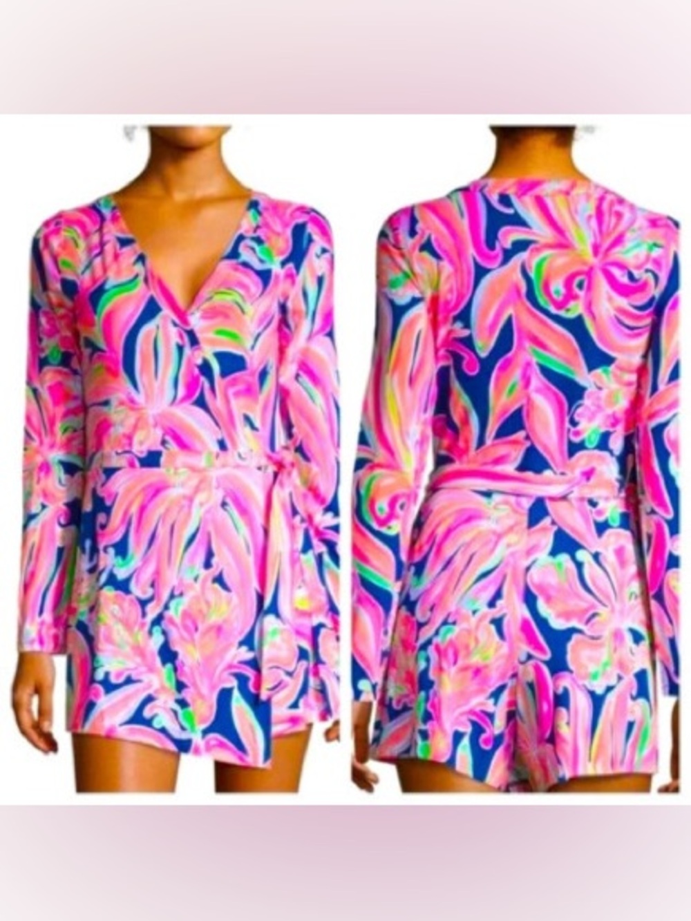 🌸 Lilly Pulitzer Tiki Wrap Romper Pink Navy Banana Flambe